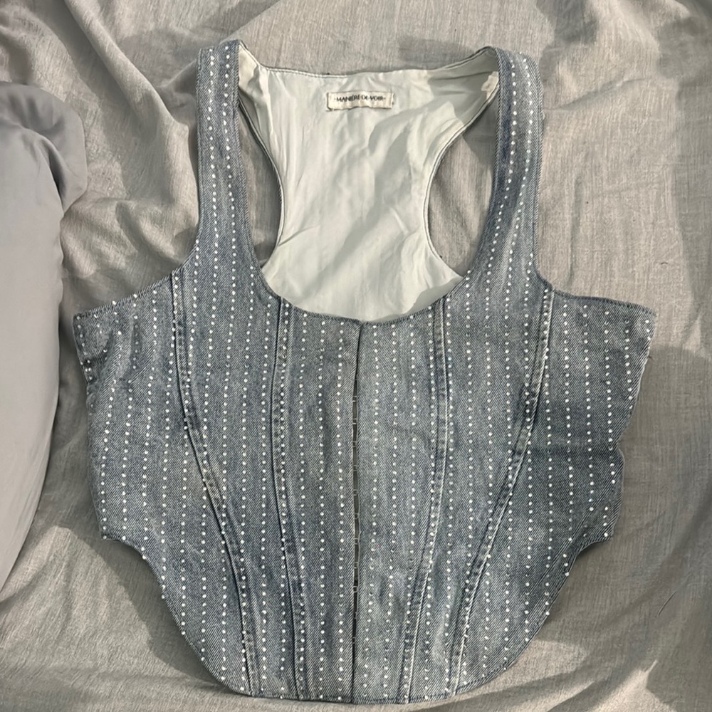 Maniere De Voir Blue Bodysuit with Embellished Bustier Style